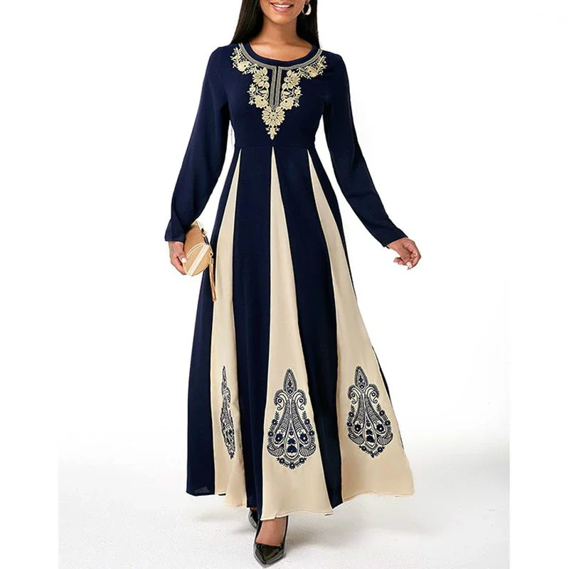 

Women's Elegant Muslim Abaya Long Sleeve 2021 Islamic Patchwork Printed Round Neck Party Autumn Ankle Long Maxi Dress