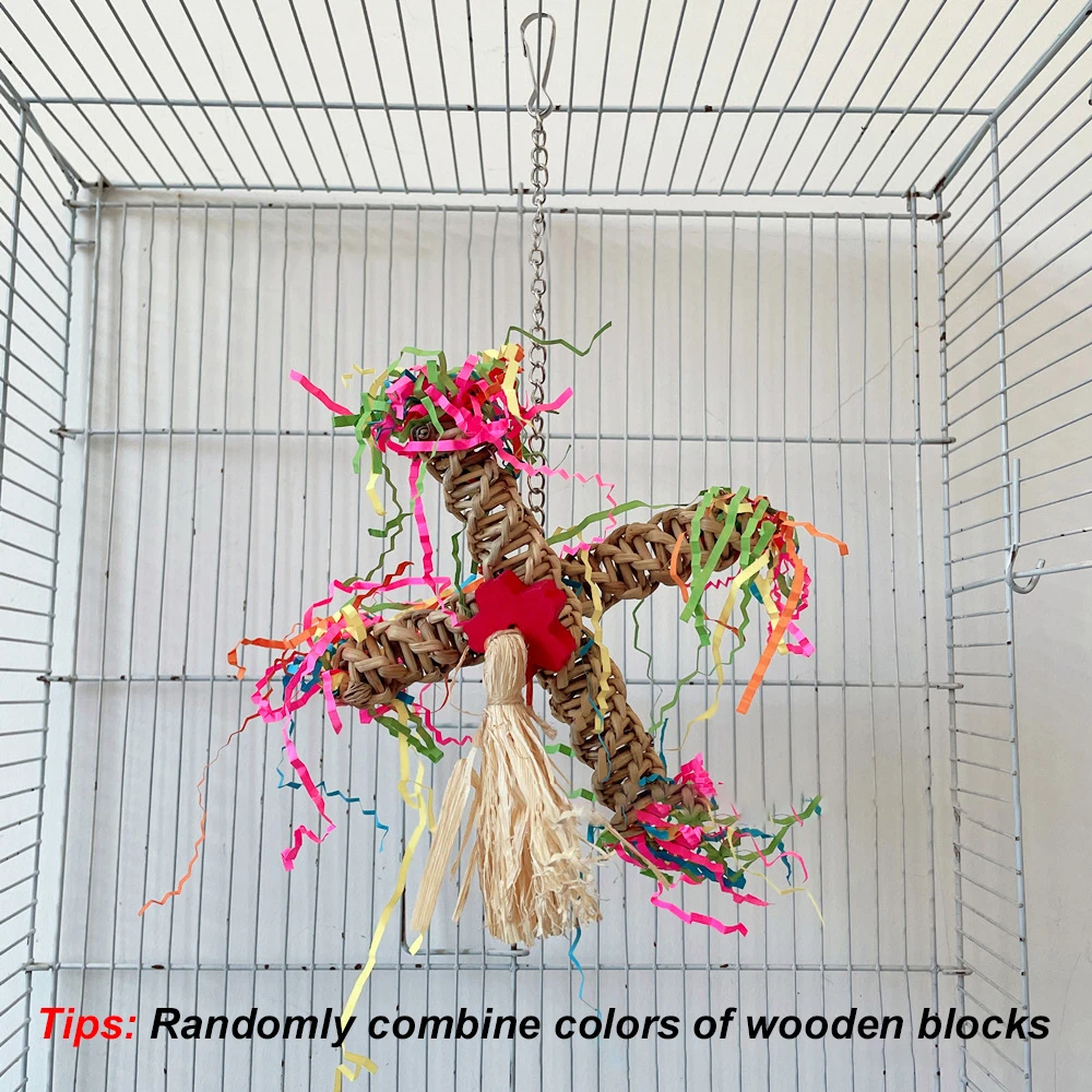 1pc Random Color Rattan Parrot Windmill Chew Toys Hanging Swing Shredder Toys Bird Cage Bite Accessories for Macaws Pet Supplies parrot toy,bird toy,bird cage accessories
