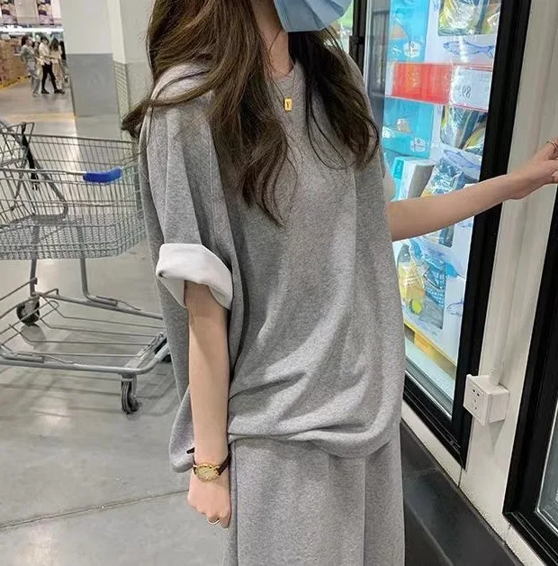 Women Clothing Sets Short Sleeve T-shirt+Dress 2Pcs Suits Solid Color Ladies Casual Loose Outfits Fashion Streetwear Saeaa2a79b12c49baa8cf24190c3cb38fh