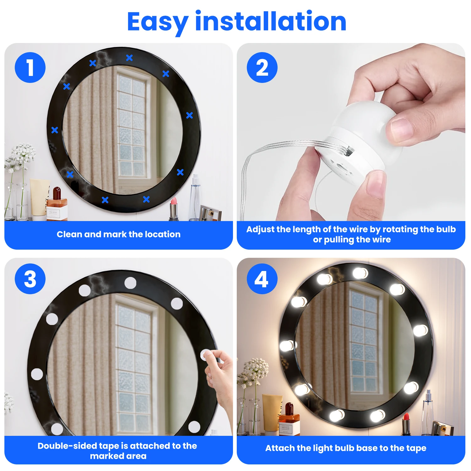 LED Vanity Lights Strip Kit 10 Dimmable Bulbs, 3 Color Modes & 10 Adjustable Brightness, USB Line for Body Makeup Bathroom Wall