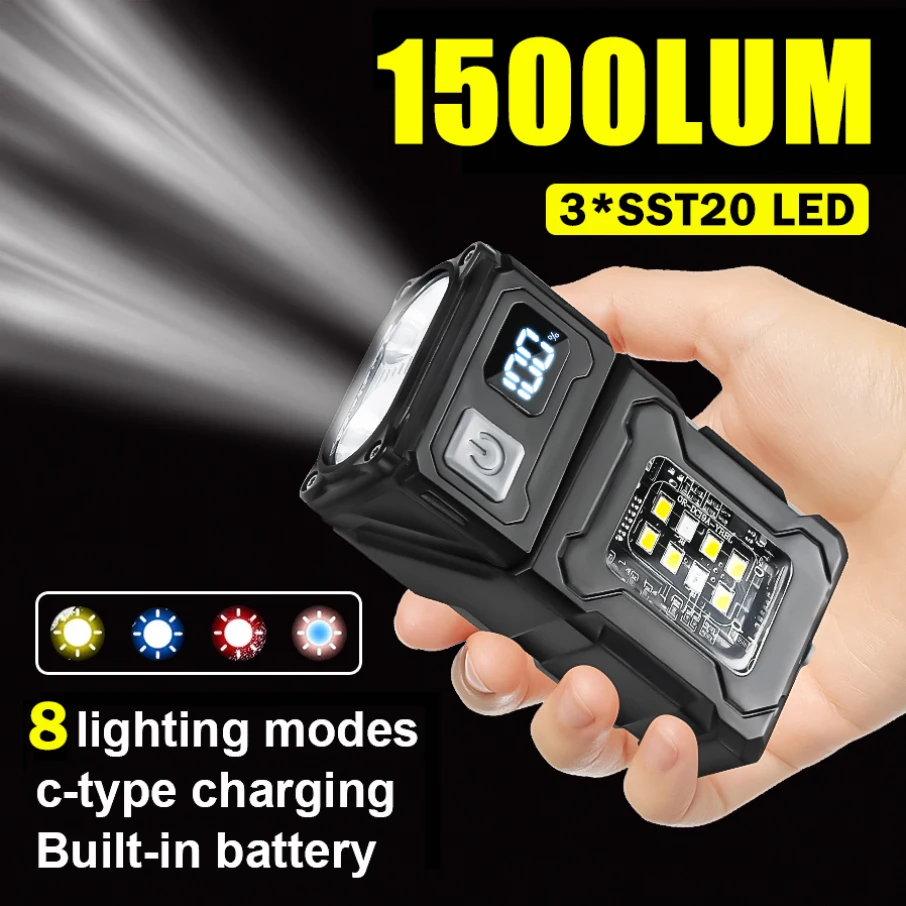 Portable LED Flashlight USB Rechargable Magnetic Torch Multifunctional Outdoor Camping Emergency Lantern with Warning Light