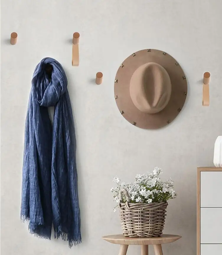 Nordic Solid Wood Leather Hook Belt Hanging Coat Hat Hooks Punch Free Wooden Wall Bedroom Living Room Hangers 5
