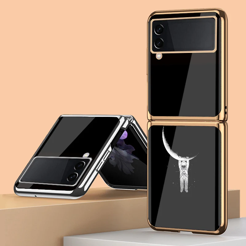 

Z Flip 4 Funda Case for Samsung Galaxy Z Flip 4 3 2 1 Space Moon Plating Tempered Glass Coque Protection Phone Case Cover