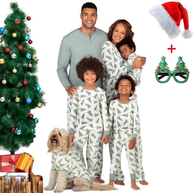 thumbnail image 1 of Pijama navideño con estampado de árbol de Navidad a la moda, pantalones y top, conjuntos familiares a juego, pijamas para mujeres, hombres, bebés y perros, ropa de estar para padres e hijos, 1 of 5