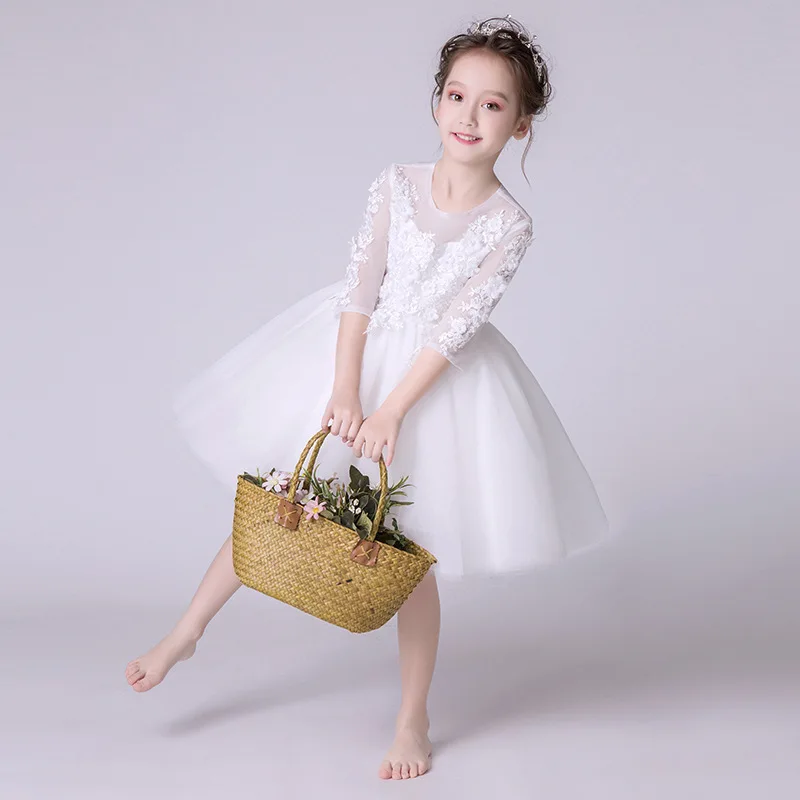 

Off White Flower Girl Dresses Short Mini Little Girl Birthday Party Gown With Half Sleeves
