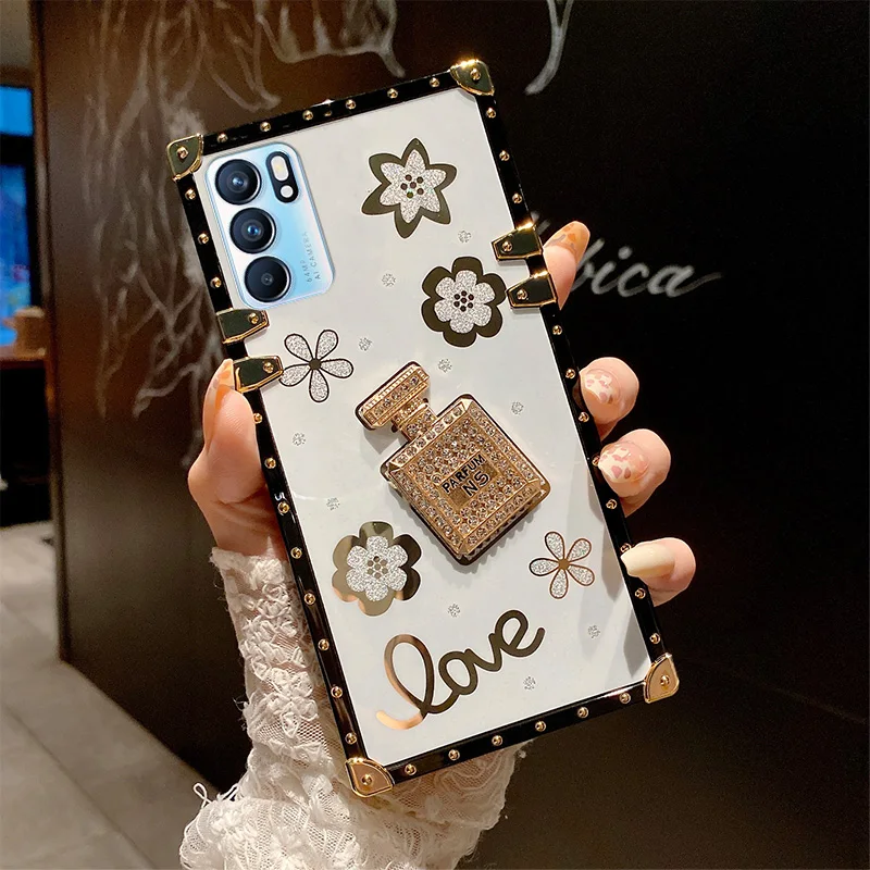 Custodia per bottiglia di profumo di diamante di lusso per Oppo Reno 2Z 3 5 6 Pro Find X2 X3 Neo Lite Cover protettiva per telefono morbida quadrata_voghion.com