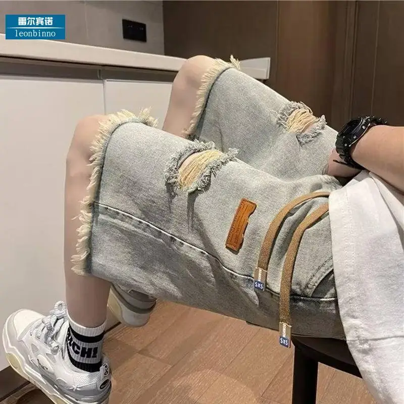 Hole Denim Shorts Men Streetwear Hip Hop Harajuku Jeans Raw Edge Loose Casual Pants Men Clothing Solid New