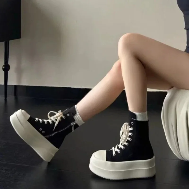 Women Punk High Top Sneakers Canvas Platform Heels Designer Elevator Shoes Lace Up Zip High Street Autumn Flats Black Boots - Image 3