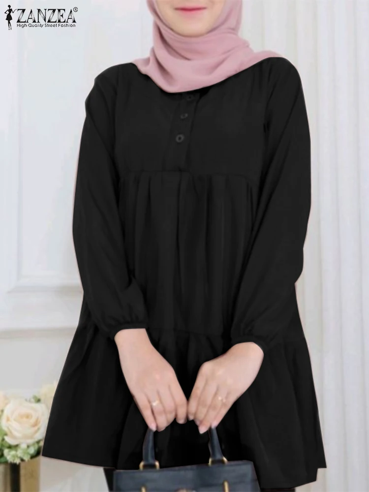 

ZANZEA Fashion Tiered Muslim Shirt Woman Casual Solid Blouse Female Vintage Holiday Chemise Elegant Party Ramadan Tops Oversized