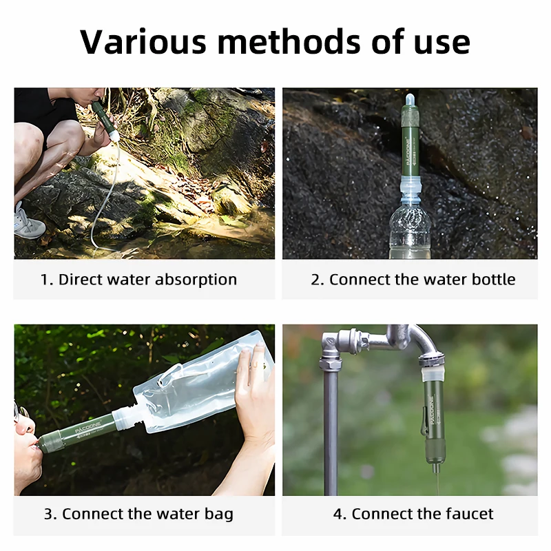 PACOONE Mini Camping Purification Water Filter Straw TUP Carbon Fiber Water Bag for Survival or Emergency Supplies images - 6