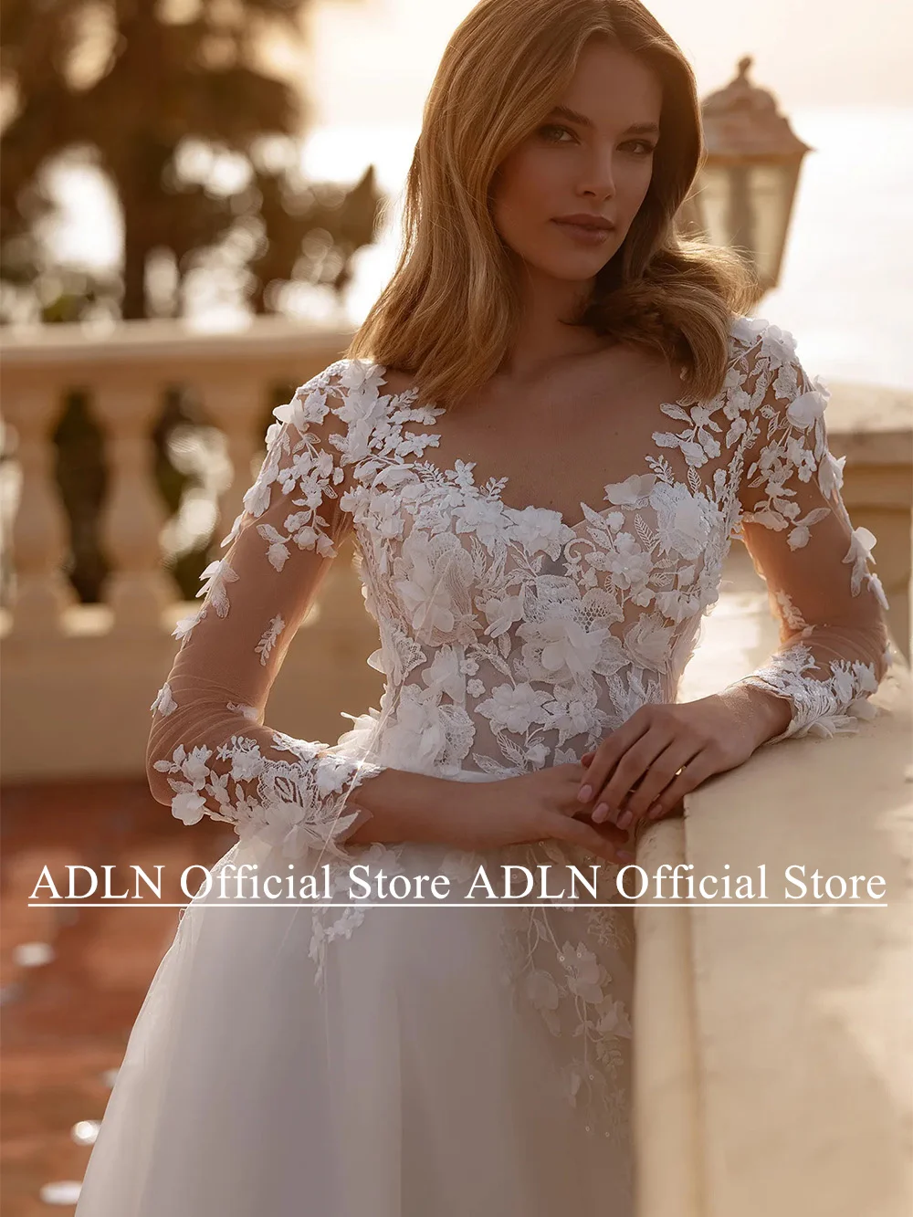 Woman Bride Wedding Dresses Customized Illusion Long Sleeves Flower Applique A Line Tulle Boho Bridal Gown Robe De Mariage 3