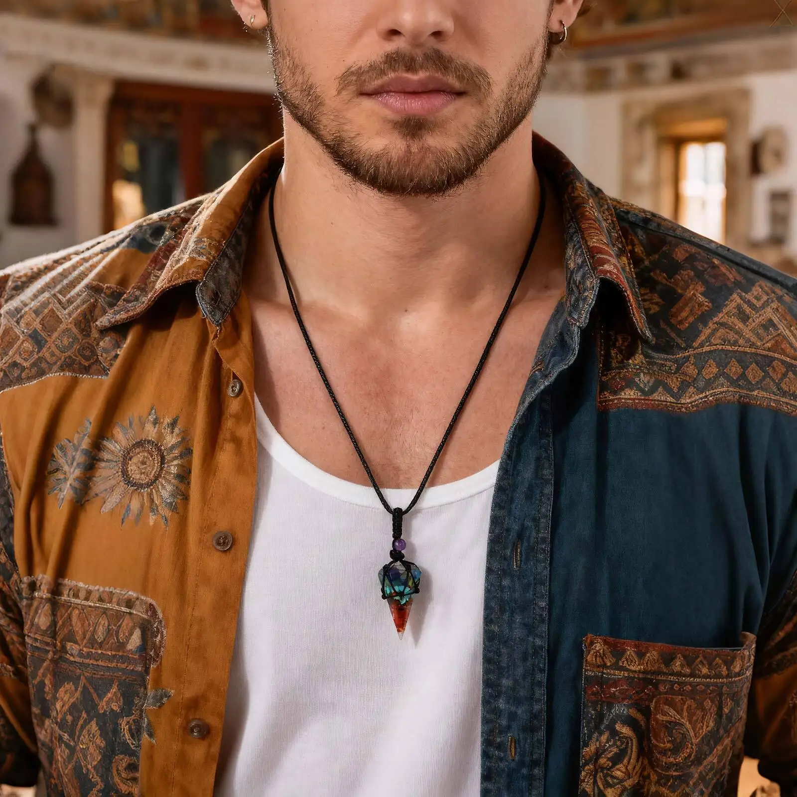 Natural Stone Pointed Necklace for Men,Adjustable Black Rope Healing Gemstone Pendant,Stylish Ethnic Cowboy Style Jewelry Gift