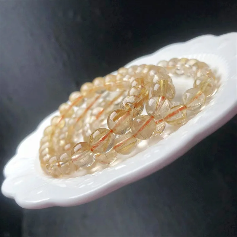 

8.5mm Natural Gold Rutilated Quartz Bracelet Jewelry For Women Men Healing Fengshui Wealthy Gift Crystal 1pcs