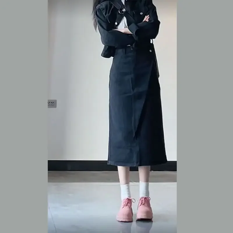 빈티지 우아한 데님 재킷 스커트 세트, 홍콩 스타일 여성복, 가을 2023