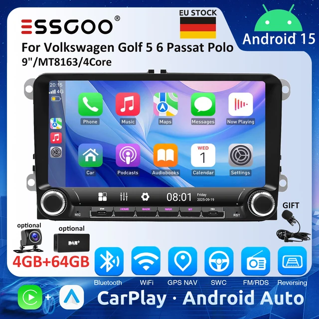 ESSGOO Autoradio 9 pouces pour Volkswagen Golf 5 6 Passat Polo Lecteur multimédia automobile 4 Go 64 Go Carplay Android Auto avec bouton GPS 1