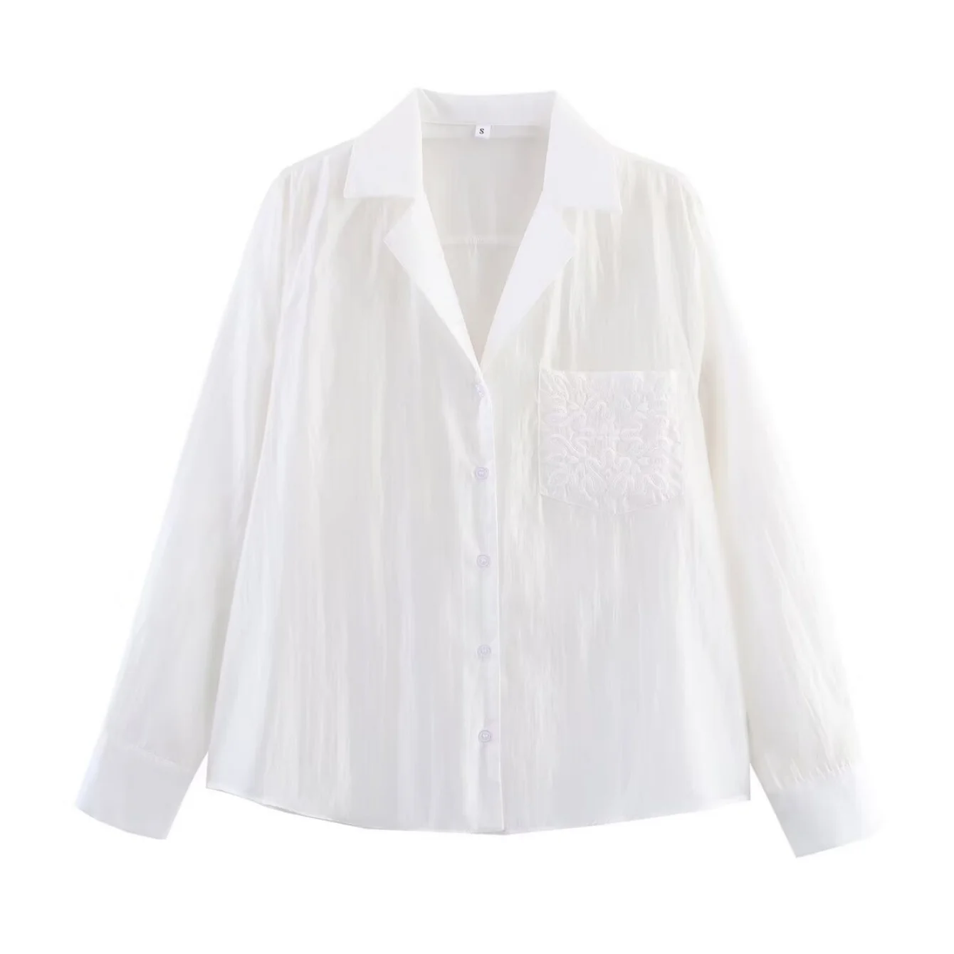 Women Casual Shirt Fashion Embroidery Pocket Decoration Shirts Turn-Down Collar Long Sleeve Shirts Vintage Female Blouses Tops