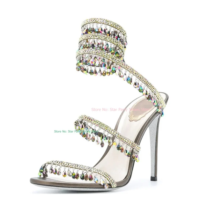 

Sexy Stilettos High Heel Crystal Embellished Spiral Ankle Sandals Luxry Diamond Female Summer Party Sandal Shoes