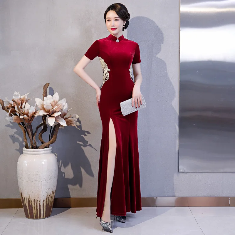 

Spring Sexy Waist Embrodiery Short Sleeve Velour Qipao Mandarin Collar Hight Split Gold Velvet Cheongsam Chinese Women Dress