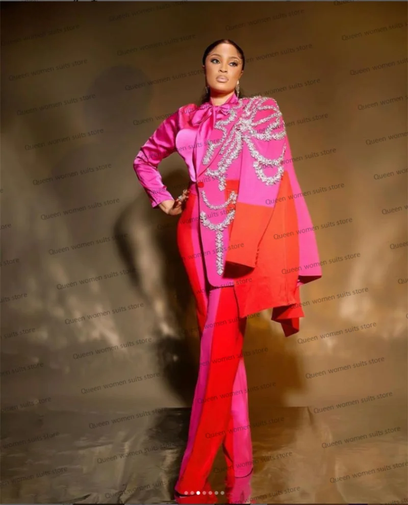 Women Suits Set Blazer+Pants 2 Pieces Pink And Red Made Coat Luxury Wedding Tuxedos Party Prom Dress Jacket