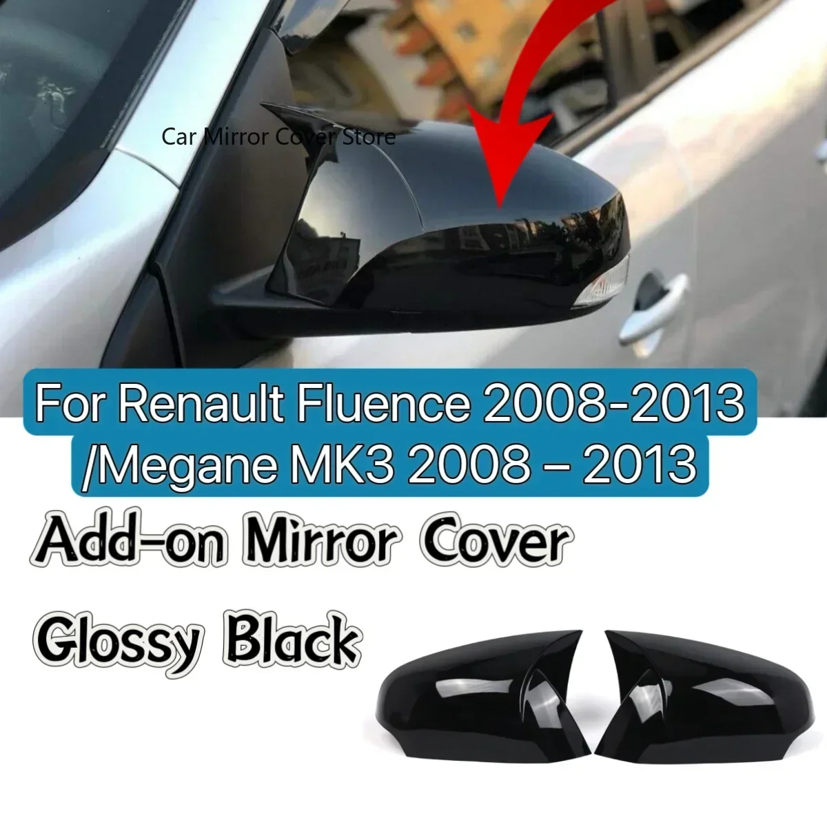 Paar seitliche Außenspiegelabdeckungen für Renault Fluence / Megane MK3 2009–2013. Hinzufügen auf glänzend schwarzen Tür-Außenspiegelkappenabdeckungen