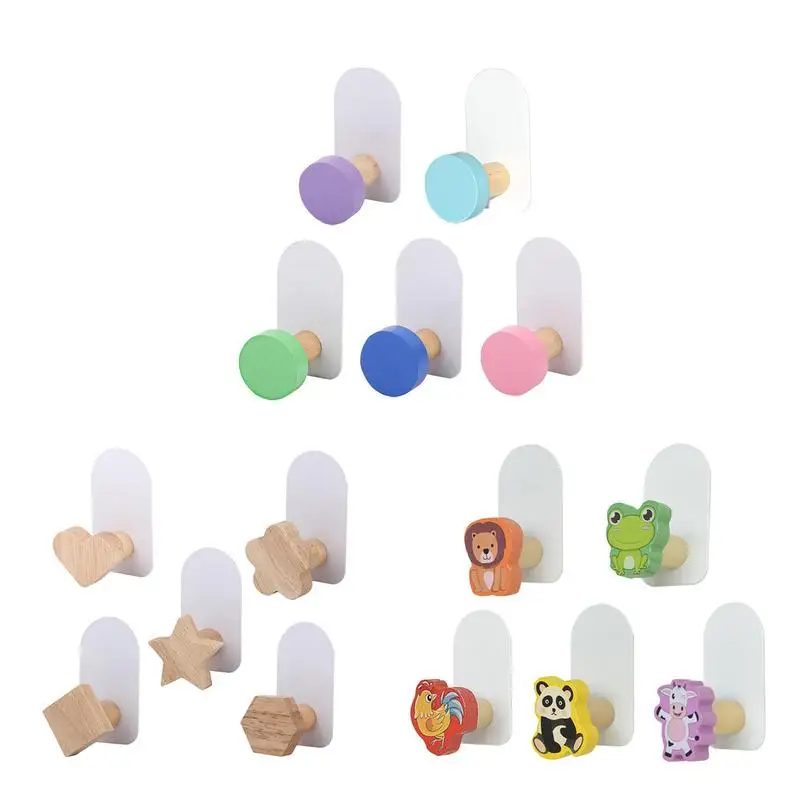 

5pcs Self Adhesive Wooden Hooks Wall Mounted Animal Shape Storage Home Decorative Hook Cloth Rack For Towels Coat Hat Bags