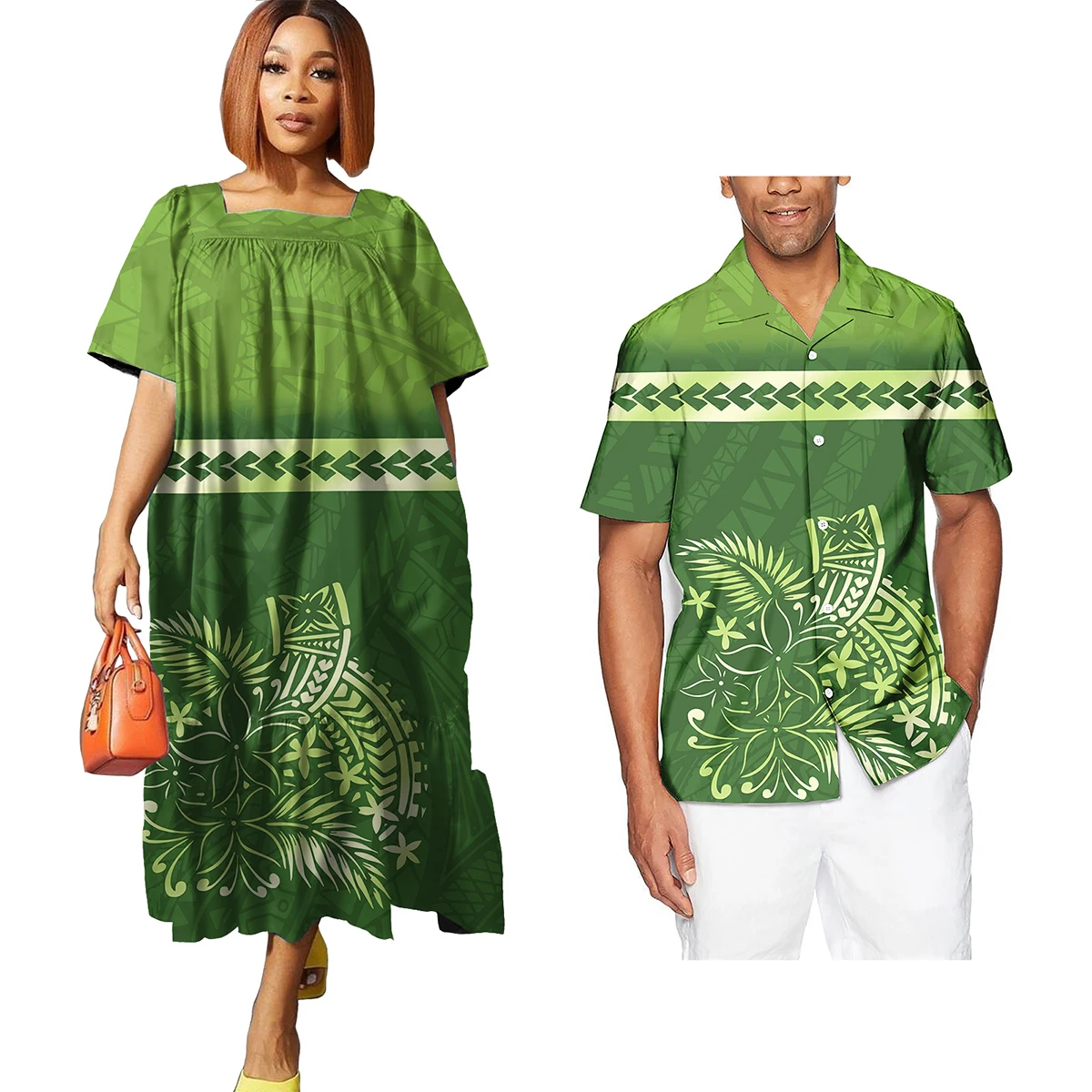 Polynesian Tribal Couple Matching Outfits 2pcs Samoan Puletasi Tapa Flower Pattern Party Dresses Sexy Women Cocktail Dress