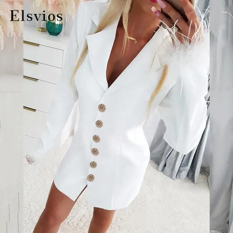 

Casual Button Commuter Party Dress Elegant Feather Splicing Long Sleeve Blazer Dress Women's Fashion Lapel Versatile Mini Dress