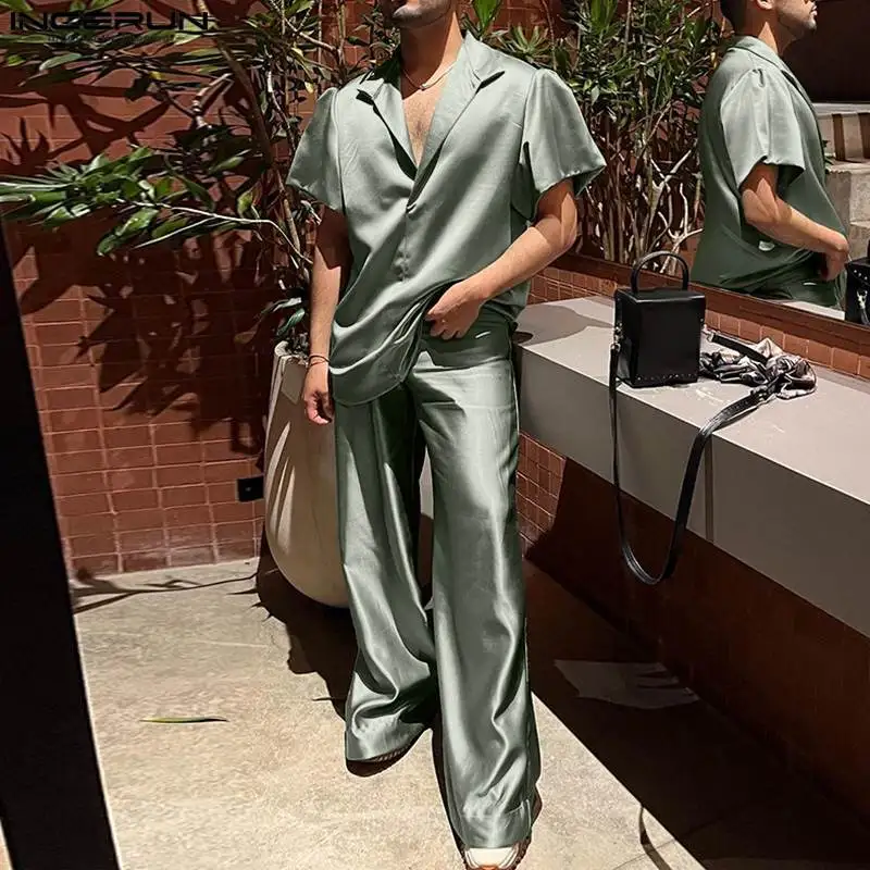 

Комплект из рубашки и брюк INCERUN мужской, атласная блузка с отложным воротником и короткими рукавами и брюки, уличная одежда, Модный повседневный костюм, однотонный, 2024