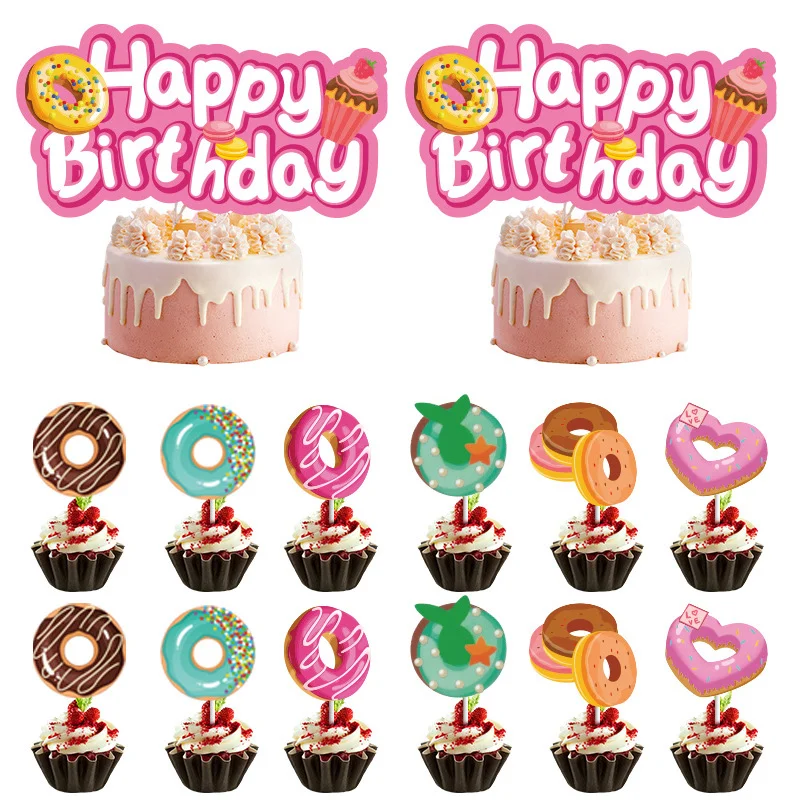 

26pcs Donut Birthday Cake Topper Decoration Cute Donut CupCake Toppers Supplies Ice Cream Theme Birthday Decorations