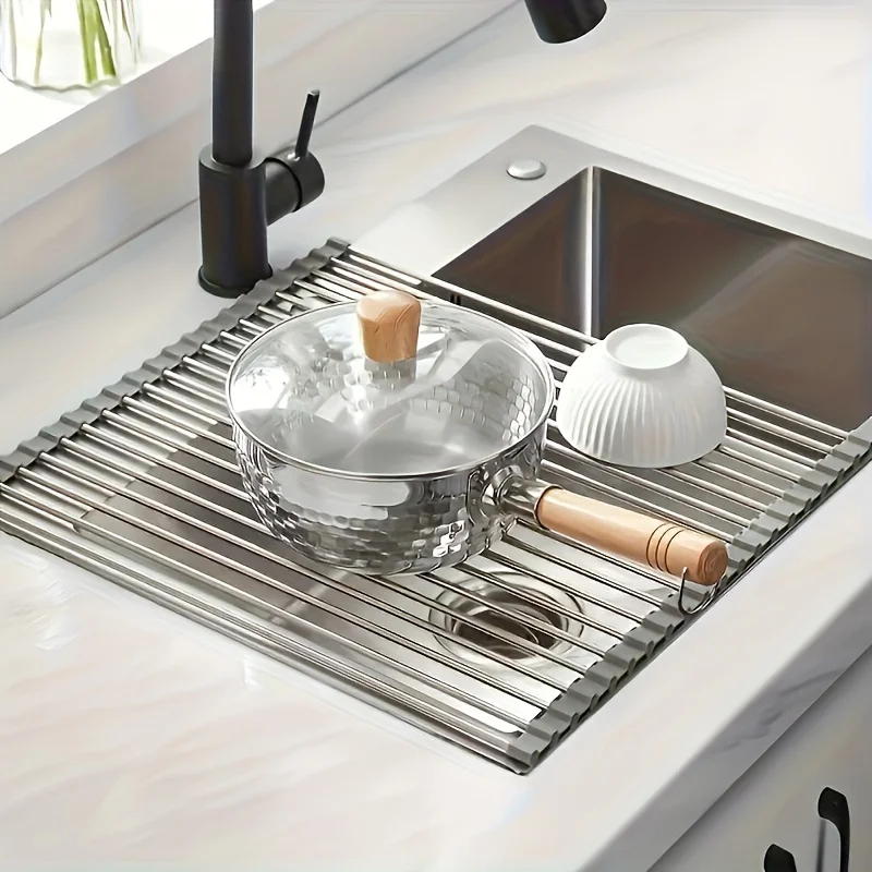 Roll Up Dish Drainer Shelf Stainless Steel Sink Drying Holder Foldable Food Rack Fruit Vegetable Washing Stand Kitchen Organizer 4