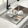 Roll Up Dish Drainer Shelf Stainless Steel Sink Drying Holder Foldable Food Rack Fruit Vegetable Washing Stand Kitchen Organizer 4