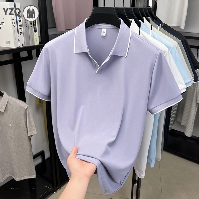 Polo da uomo business casual con risvolto, bordo rifinito, in seta ghiaccio, resistente al sudore, fresco, leggero, estivo, abbigliamento basic - immagine 2