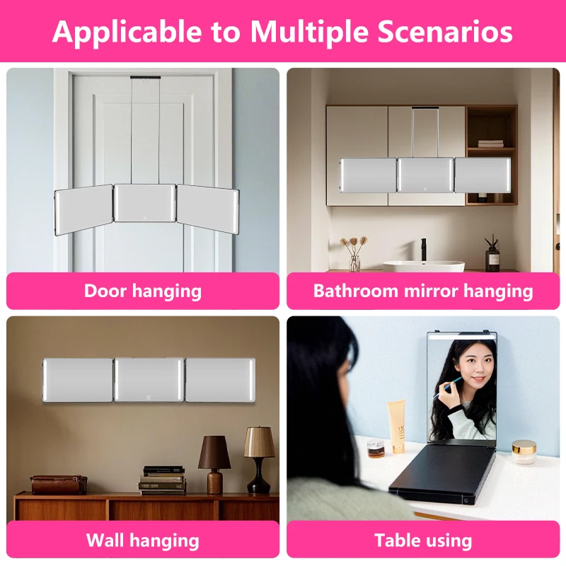 3 Way Mirror for Self Hair Cutting with LED Lights,360&deg; foldable three-sided mirror， Japanese overseas warehouse spot