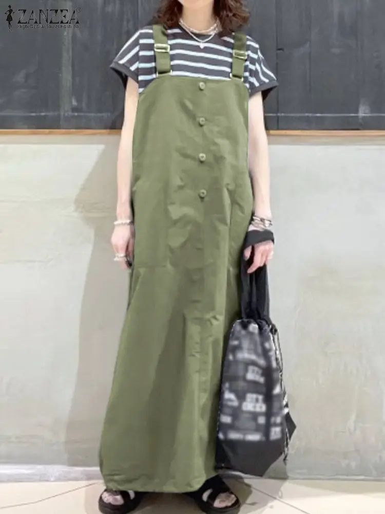 

ZANZEA 2024 Summer Streetwear Suspender Skirt Women Fashion Buttons Long Dresses Oversized Pocket Overalls Casual Loose Sundress