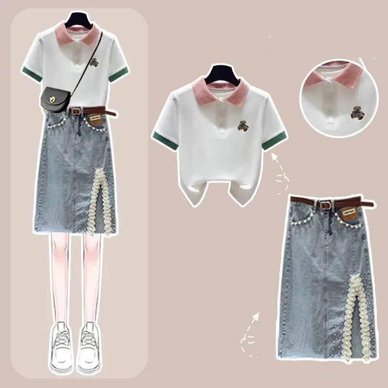 Summer Fashion Age Reducing Outfits 2023 New Skin Covering Slim Polo Neck Short Sleeve Denim Skirt Two Piece Set Fashion breathable arab shemagh neckwrap plaids arabian head scarf desert neck covering