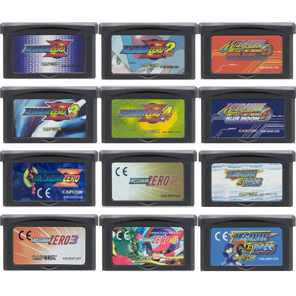 GBA 게임 카트리지 메가맨 32 비트 비디오 게임 콘솔 카드, 메가맨 제로 1-4 메가맨 레드 썬 블루 문, GBA용