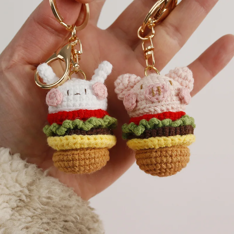 Cute Hamburger Bear Keychains Handmaking Knitting Hamburger Animals Cartoon Keychains Creative Car Keys Keyrings For Small Gifts flyingbee colorful fashion lanyard phone rope keychains phone lanyard for keys id card cartoon lanyards for men women x0463