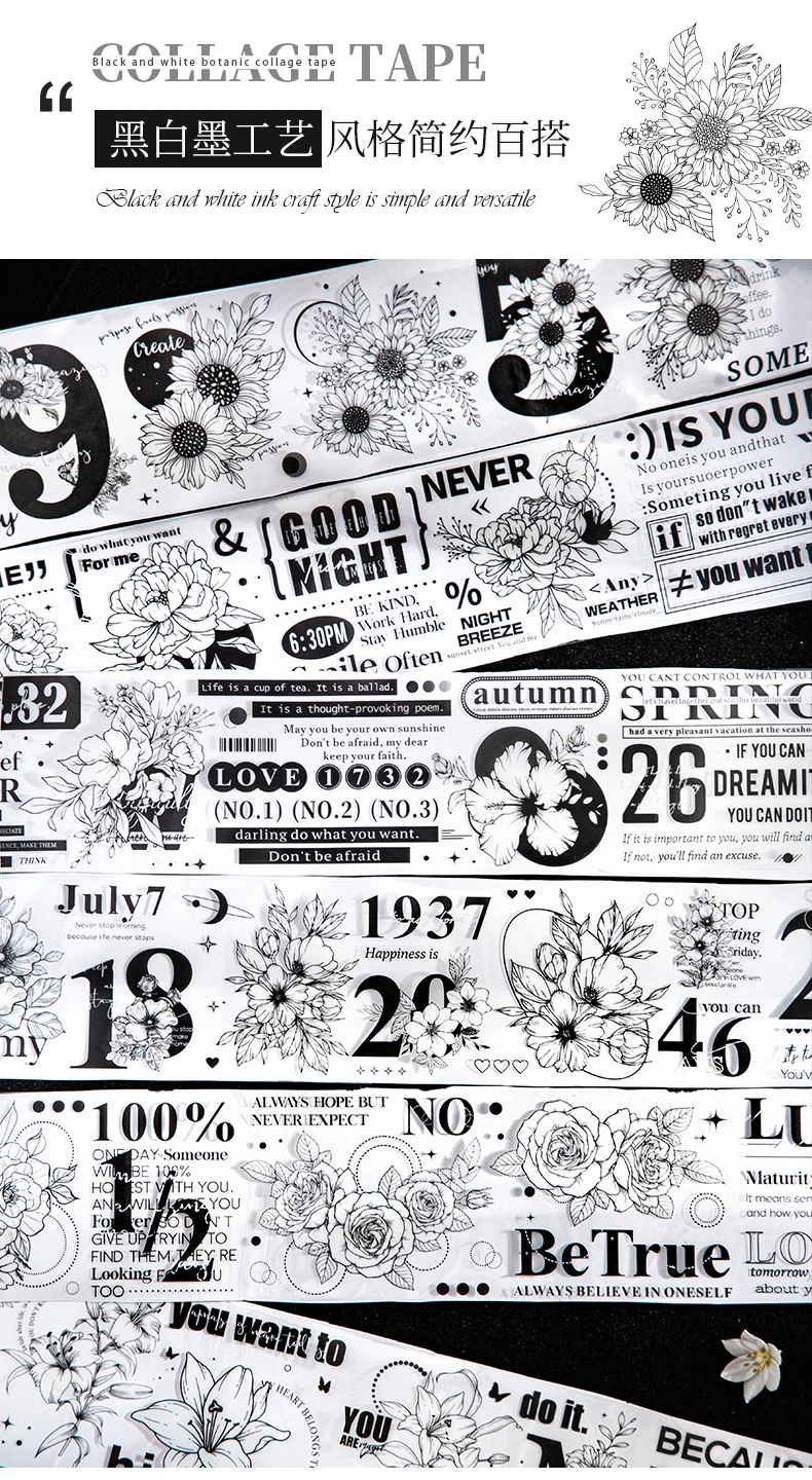 Yoofun 6x200cm dekoratives Haustier band Schwarz-Weiß-Garten maskierung sband Junk Journal Scrap booking Pflanzen Blumen band Aufkleber – Detail 5