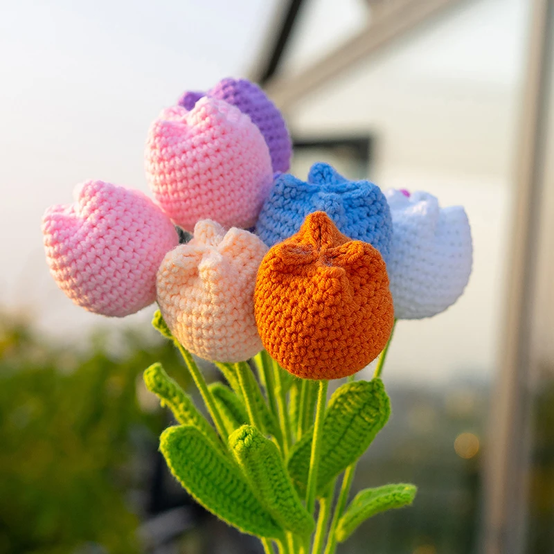 Tulip Knitting Flower Woven Tulips Single Flower Bouquet Wedding Decoration Graduation Gifts Hand Crochet Fake Floral 1PC