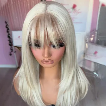 Parrucca in pizzo bianco a strati con frangia, liscia, biondo platino, sintetica, per donna, 13x4 HD, pre-tagliata, senza colla, per uso quotidiano e cosplay.