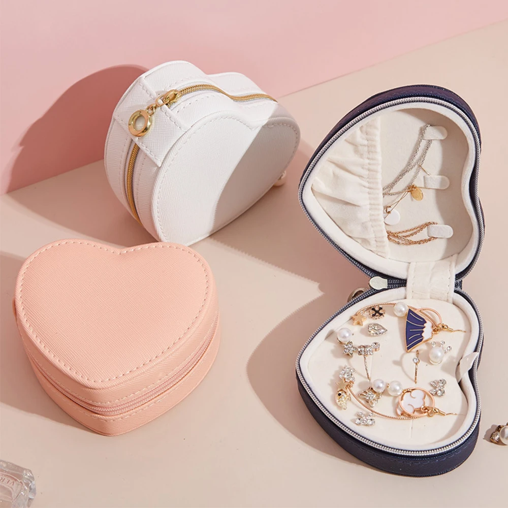 New Heart Shaped Leather Jewelry Box Double Layers for Women's Girl  Display Packaging Portable Rings Earring  Case Boxes