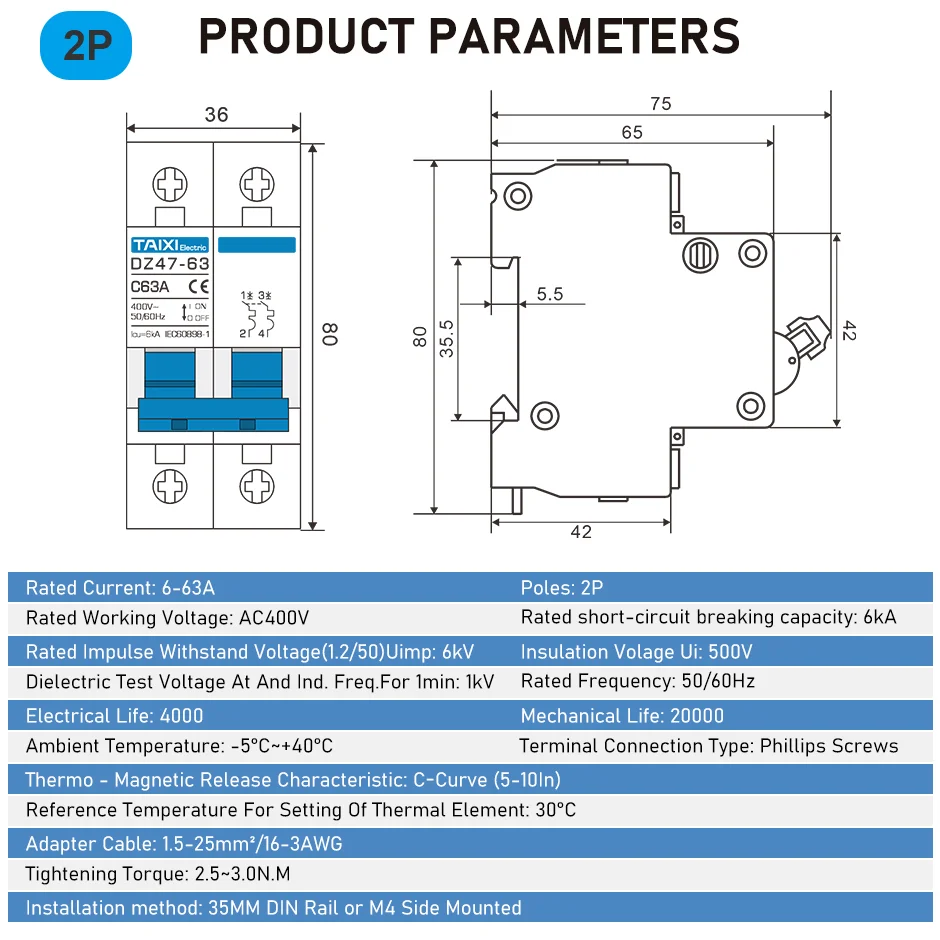 Circuit Breaker AC Circuit breaker MCB DZ47 6A 10A 16A 20A 25A 32A 40A 50A 63A 220V Circuit Overload Disconnect Short Protection
