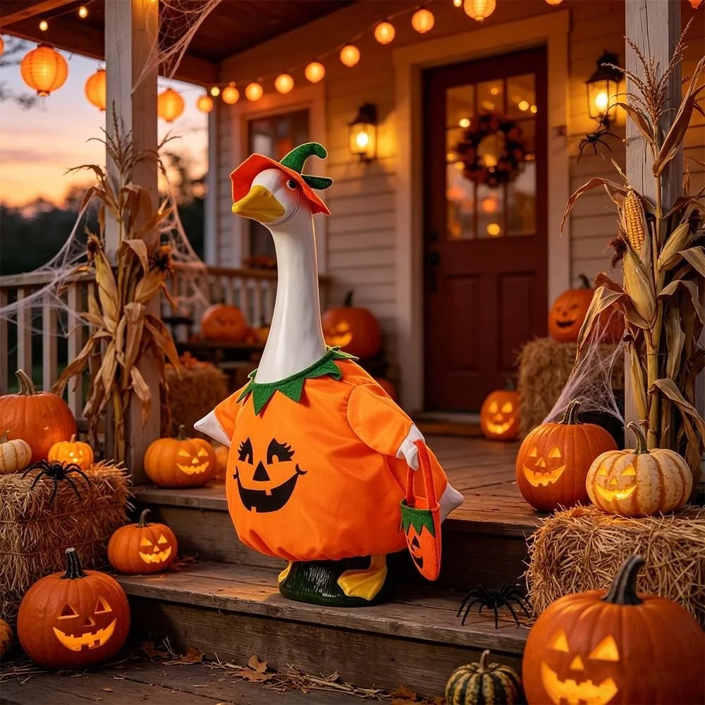 호박 모양의 현관 거위 의상, 밝은 오렌지색 부드러운 원단의 호박 복장 세트, 3피스 세트, 가벼운 잔디밭 장식 의류