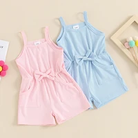 0-4Y Toddler Baby Girl Summer Jumpsuit Sleeveless Square Neck Cotton Solid Color Romper Shorts Cute Bow Infant KIds Playsuit 1