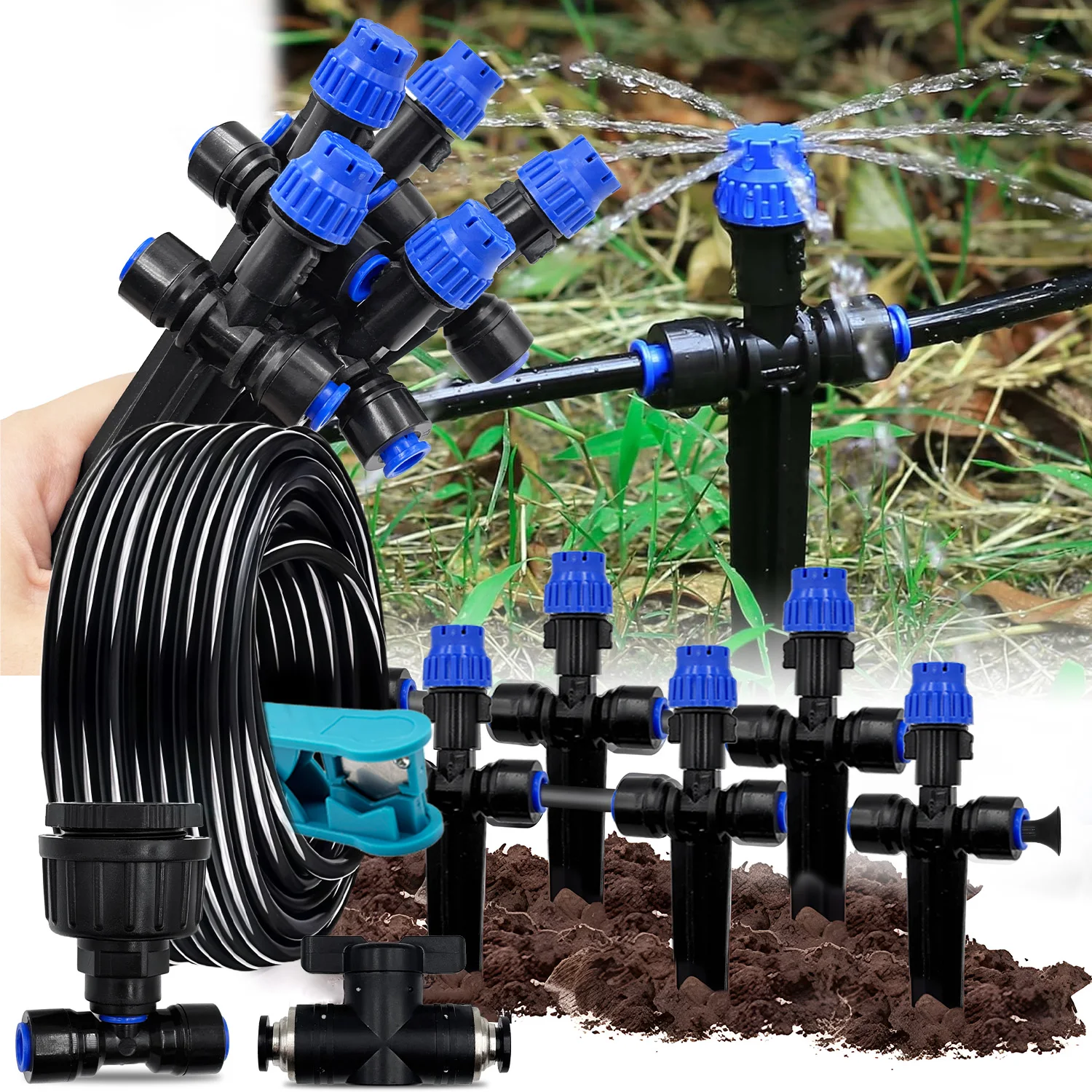 Garden Irrigation Watering Kit 1/4" Outdoor Drip Sprayer 8-hole Dripper with Stake Adjustable Sprinkler 6mm Quick Push Slip Lock