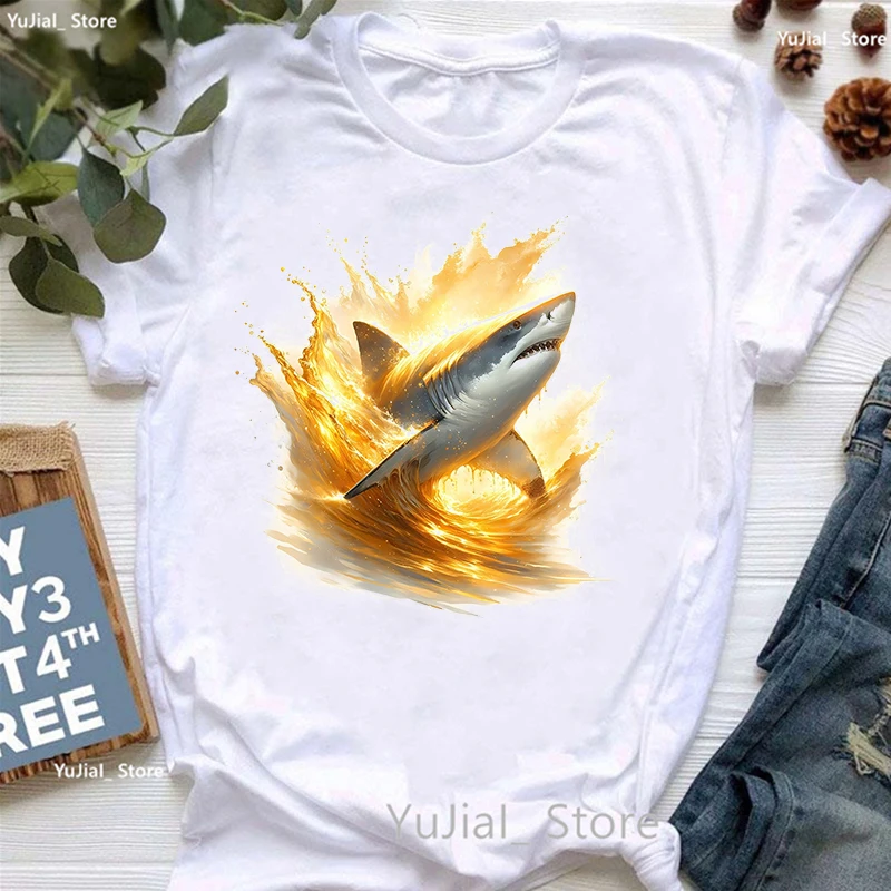Goldener Hai gedruckt T-Shirt Frauen Kleidung Sommer Mode Tops T-Shirt Femme Harajuku Shirt lässig lustig T-Shirt weiblich – Detail 7