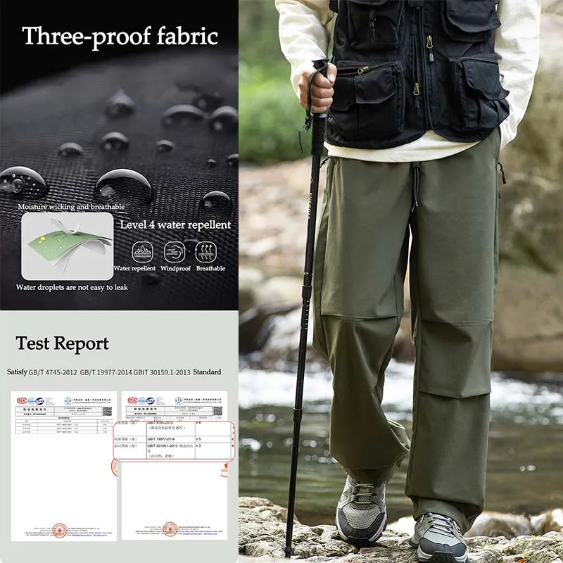 Men Hiking Pants Waterproof Zippered Pocket Loose Straight Cargo Trousers Outdoor Camping Sport Fishing Tactics Trousers