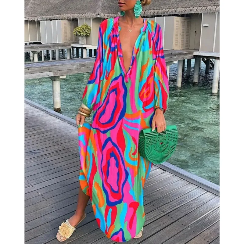 

Spring And Summer Women's Printed Deep V-neck Long Sleeved Casual Loose Fitting Dress Sand Vestido Maxi Robe Longue 2024