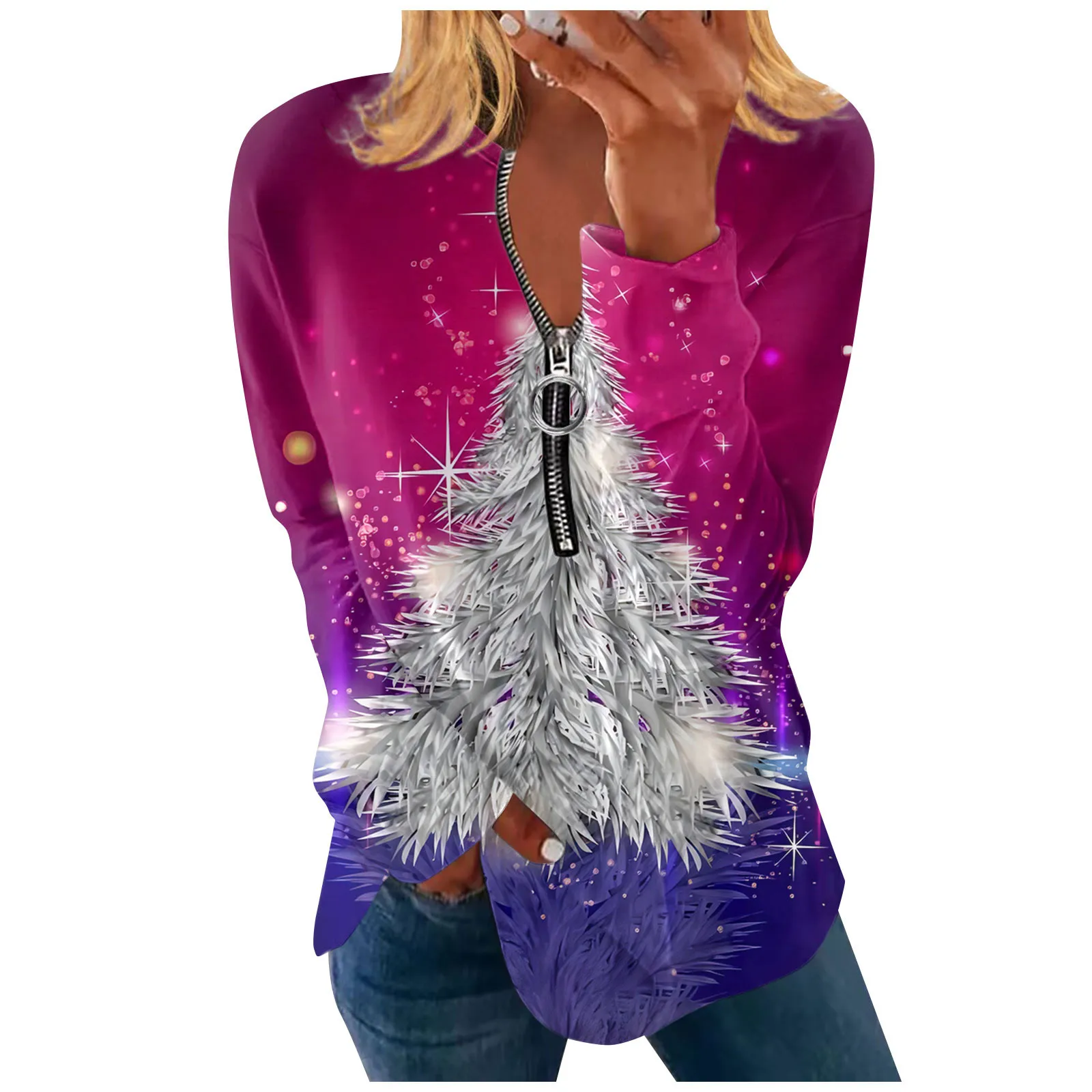 

Осенне-зимние топы, праздничные рубашки с рождественским принтом, Дизайнерские повседневные Элегантные свободные женские повседневные футболки на молнии с V-образным вырезом и длинным рукавом