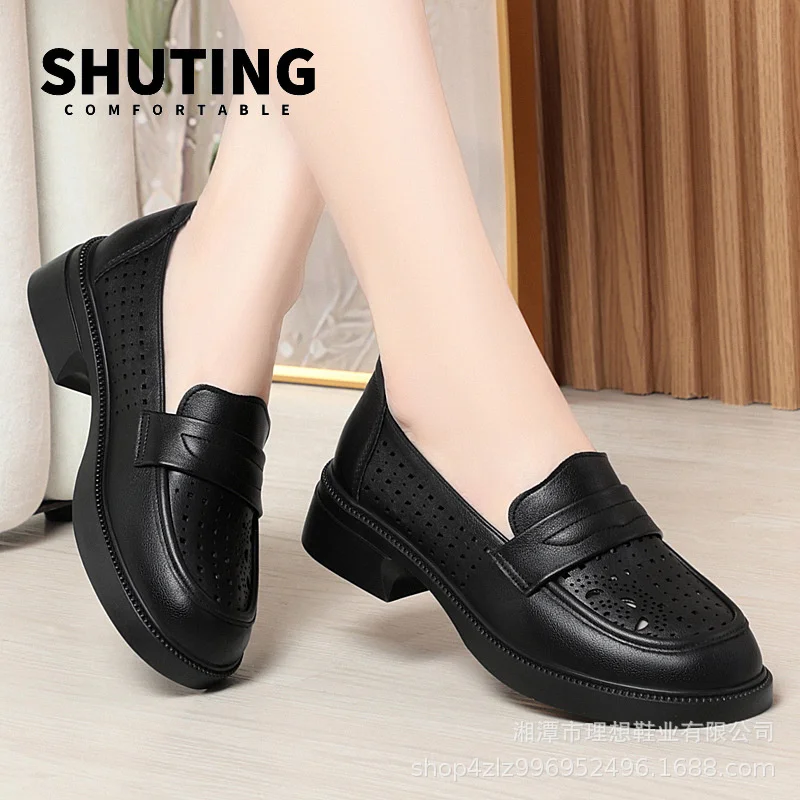 Summer New Fashion Cute Round Toe Soft Sole Non-slip Hollow Single Shoes Breathable Casual Soft Leather Women's Shoes